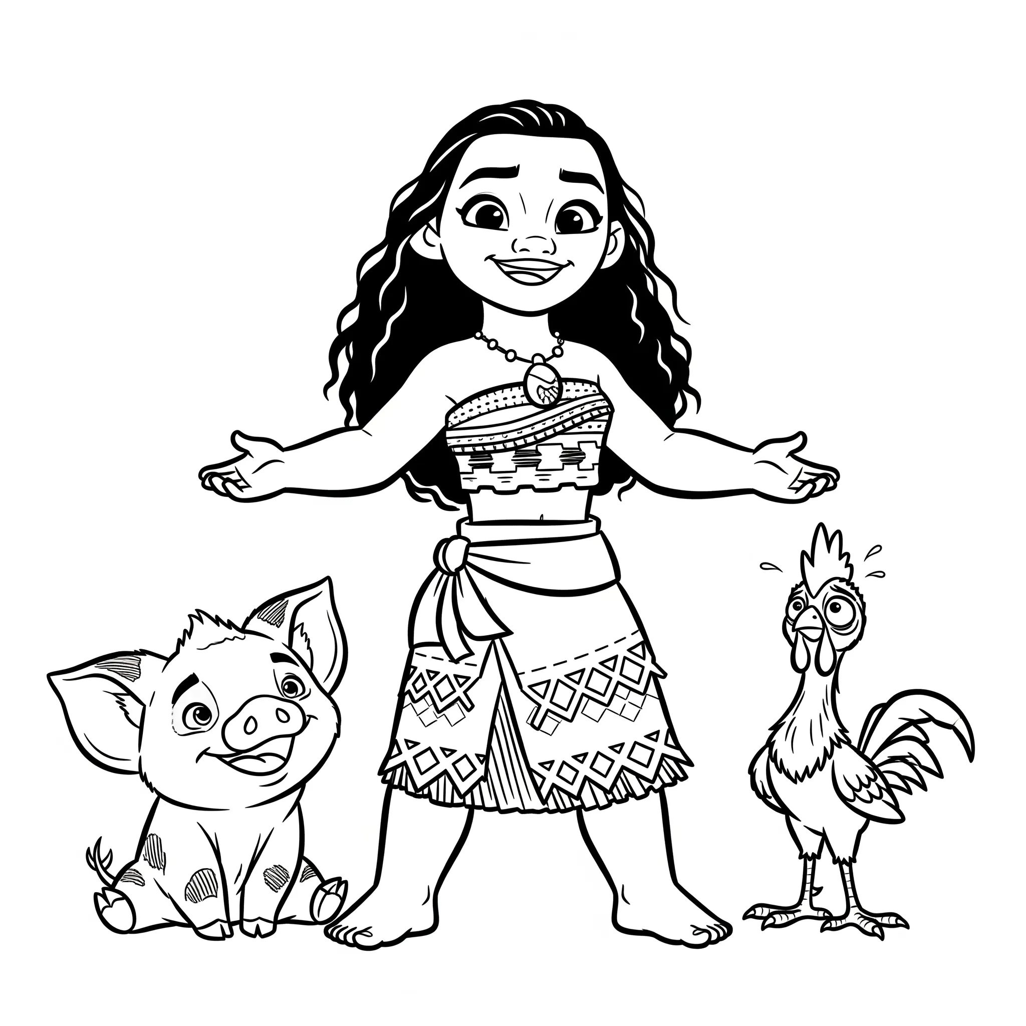coloriage Vaiana avec Pua et Heihei à imprimer pour enfant de 12 ans