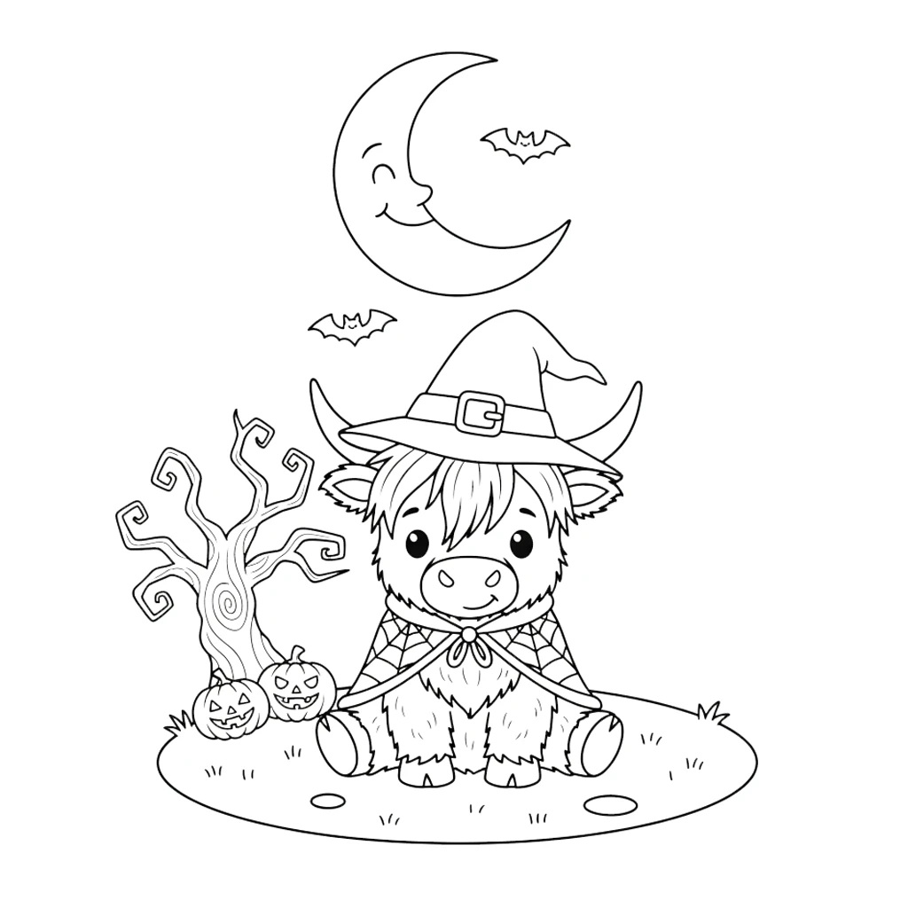 coloriage Vache des Highlands d’Halloween gratuit à imprimer