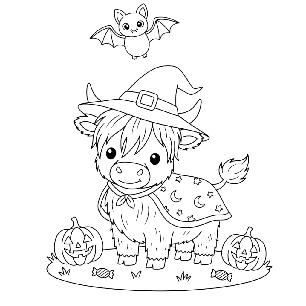 coloriage Vache des Highlands d’Halloween a imprimer gratuitement