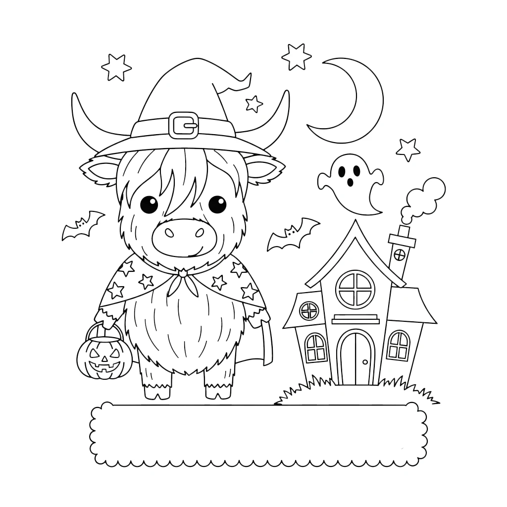 coloriage Vache des Highlands d’Halloween pour enfant