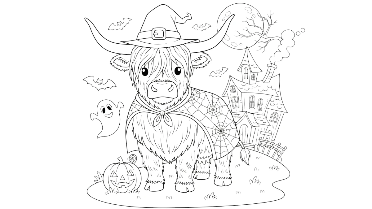 coloriage Vache des Highlands d’Halloween à imprimer pdf gratuit