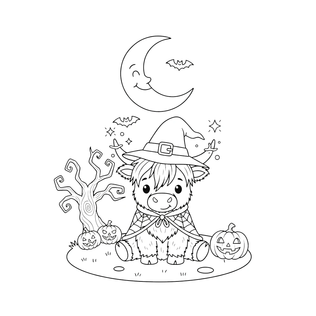 coloriage Vache des Highlands d’Halloween pour enfant de 4 ans