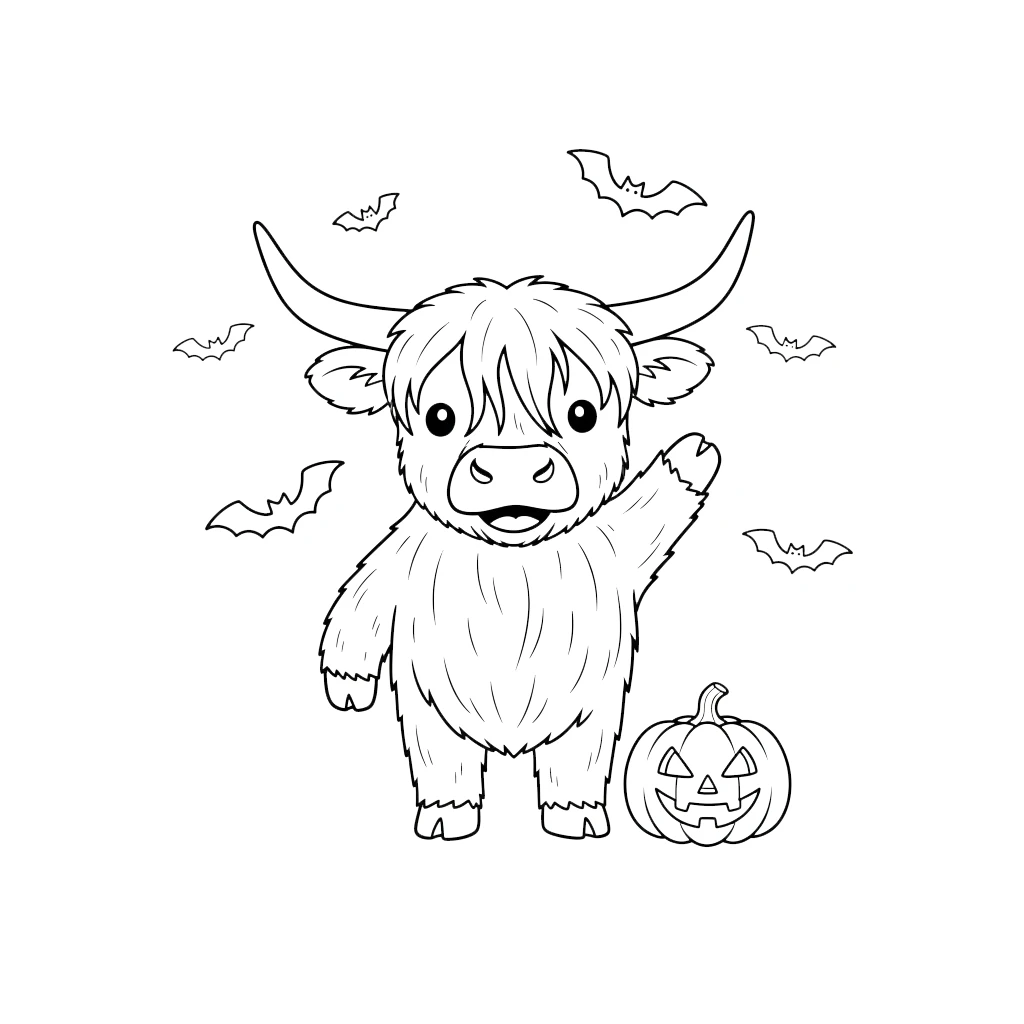 coloriage Vache des Highlands d’Halloween à imprimer pour enfant de 2 ans