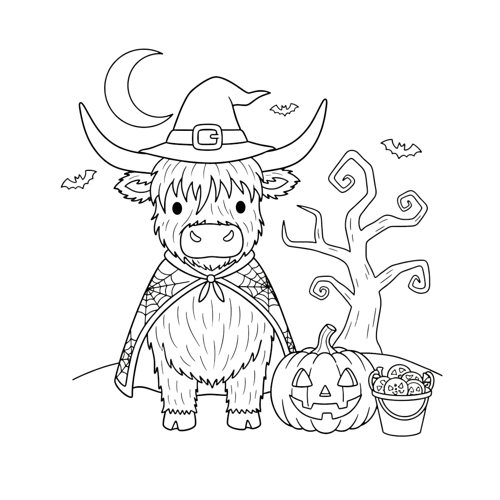 coloriage Vache des Highlands d’Halloween à imprimer gratuit 1