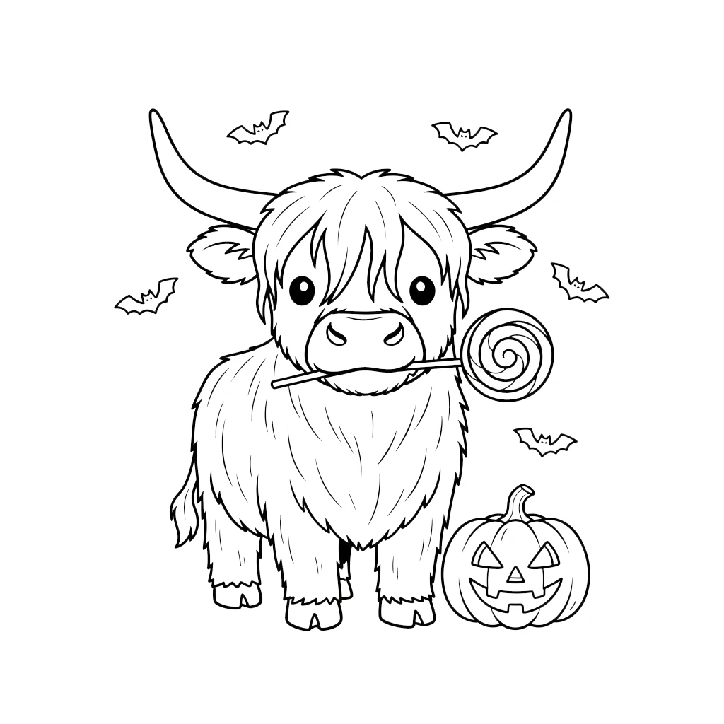 coloriage Vache des Highlands d’Halloween d'enfant a imprimer