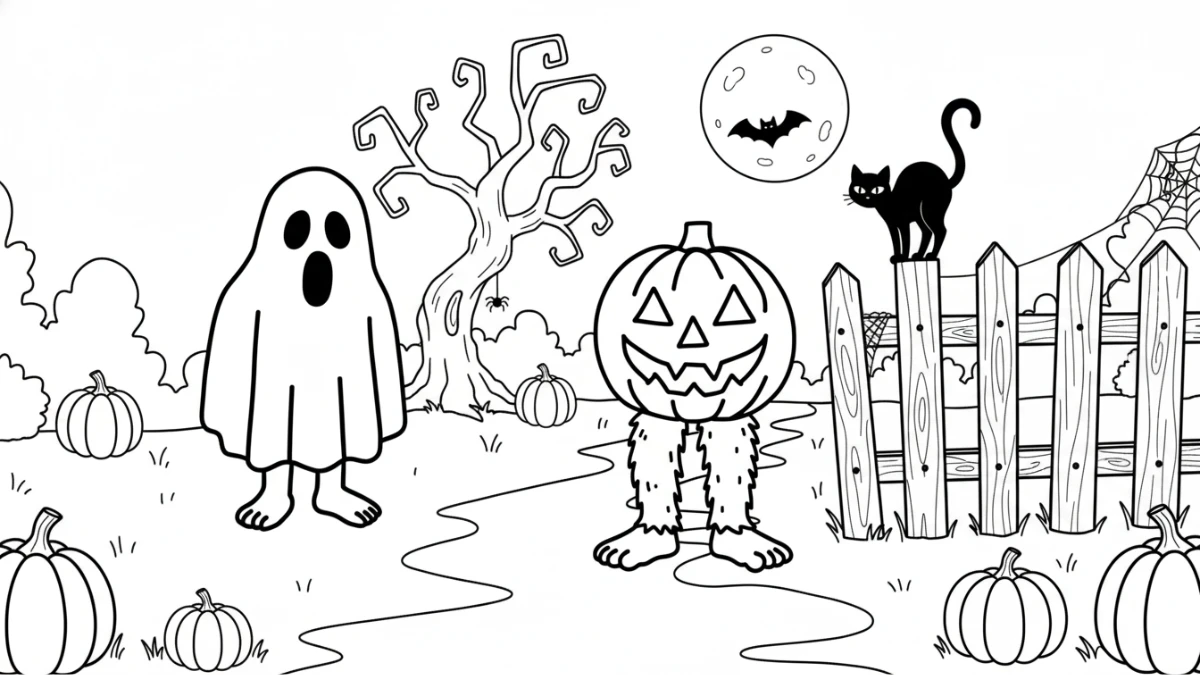 coloriage Spooky et Pumpky à imprimer pour enfant de 9 ans