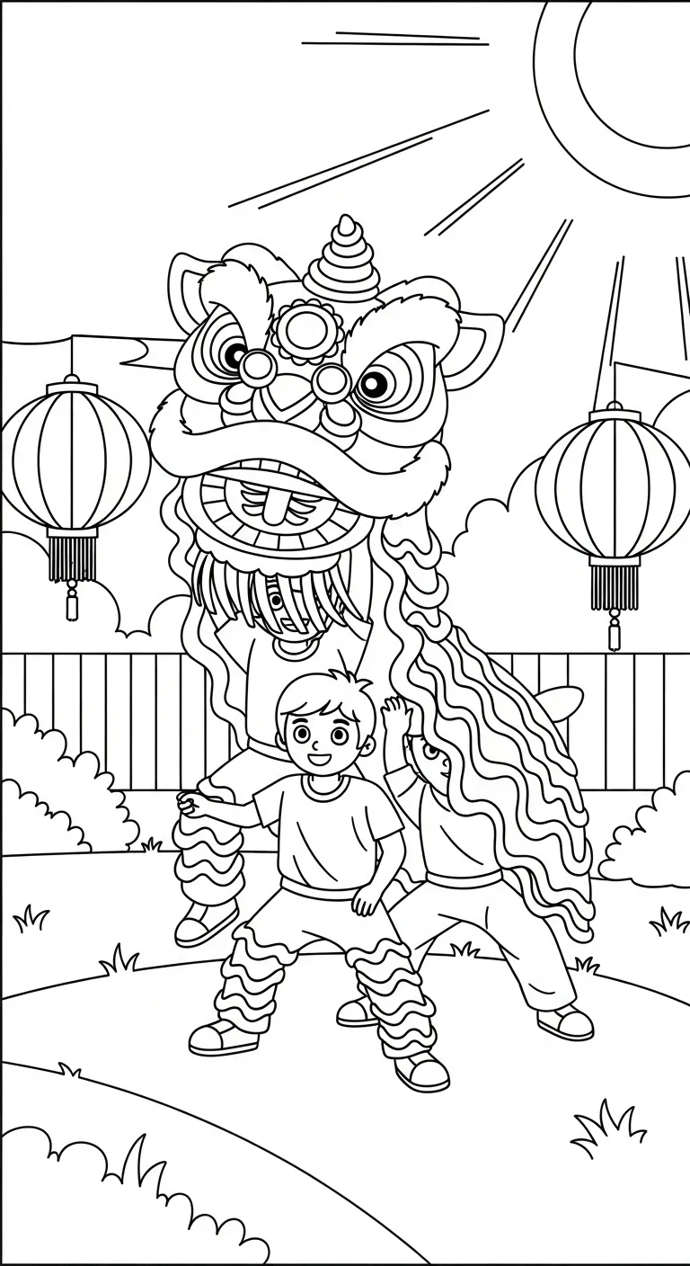 coloriage Danse Du Lion à imprimer kawaii 1