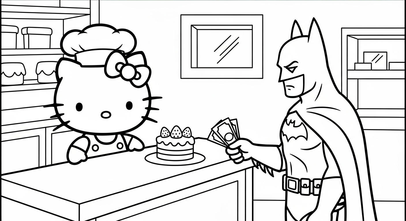 coloriage Batman et Hello Kitty updated à imprimer pour enfant de 4 ans