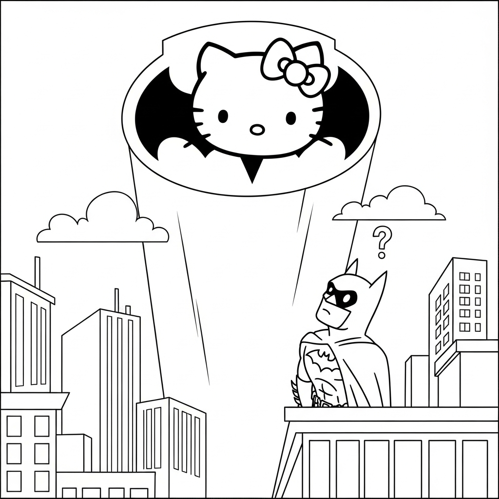coloriage Batman et Hello Kitty updated à imprimer pour enfant de 7 ans