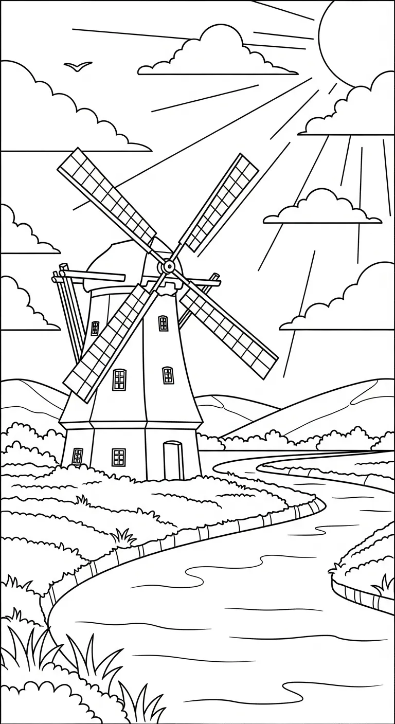 coloriage Moulins à Vent a colorier en ligne gratuitement 1