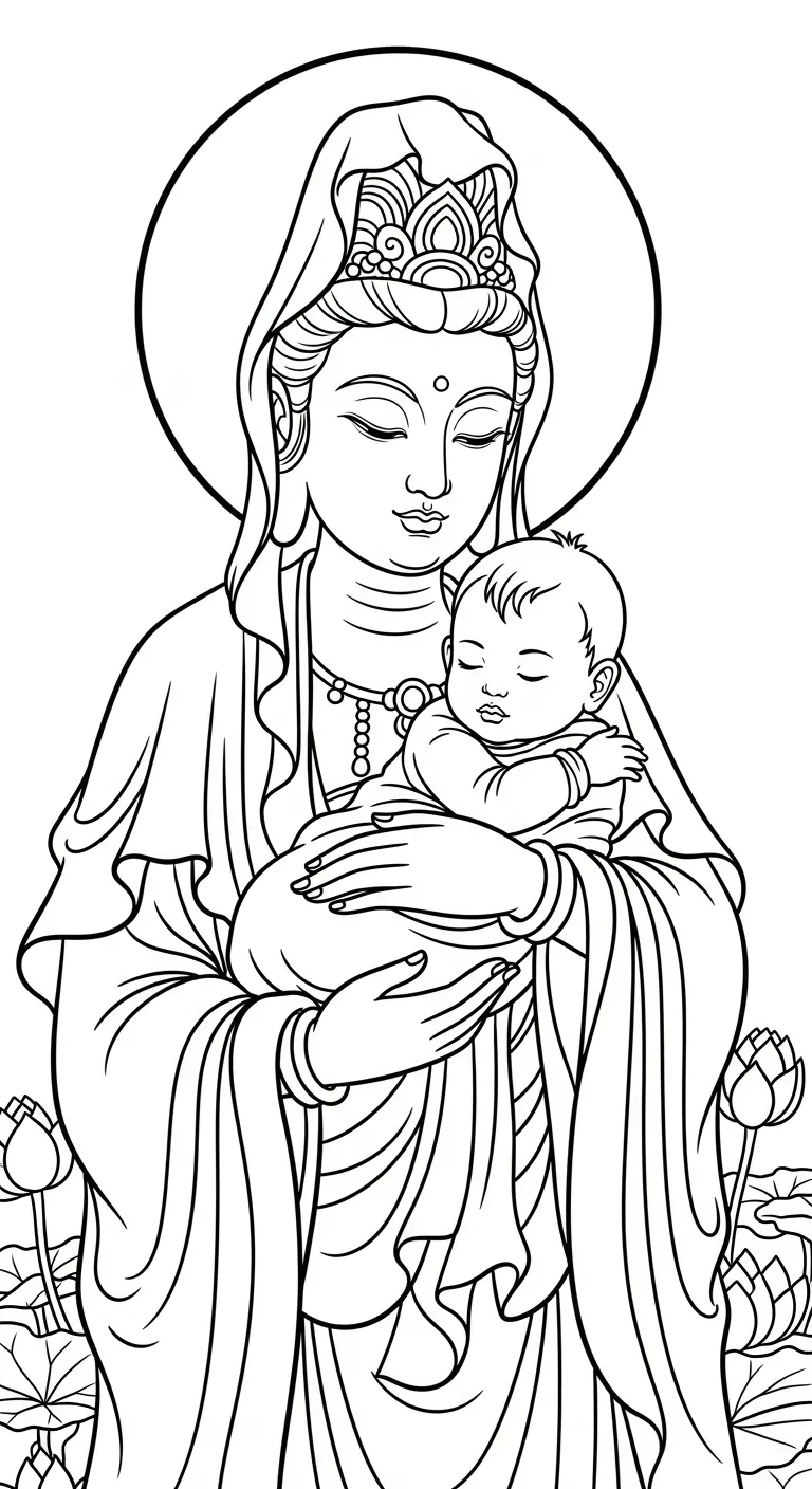 coloriage Guanyin à imprimer pour enfant de 6 ans