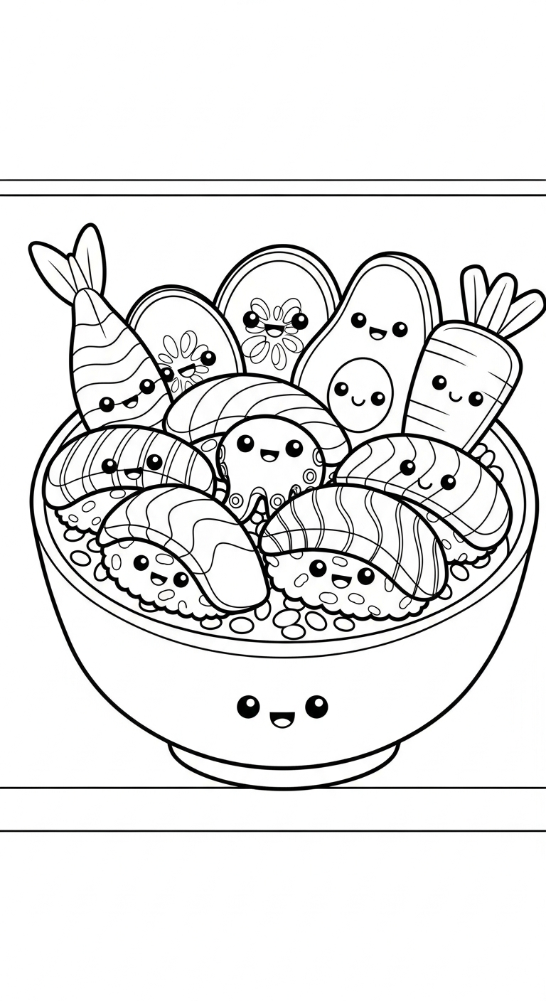 coloriage Kawaii Sushi update pour enfant de 6 ans