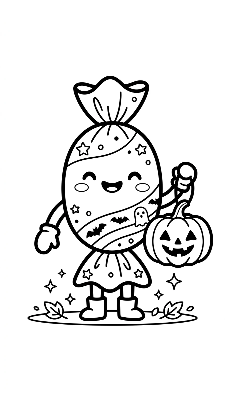 Coloriage bonbon kawaii souriant tenant une petite citrouille, dessin Halloween à imprimer