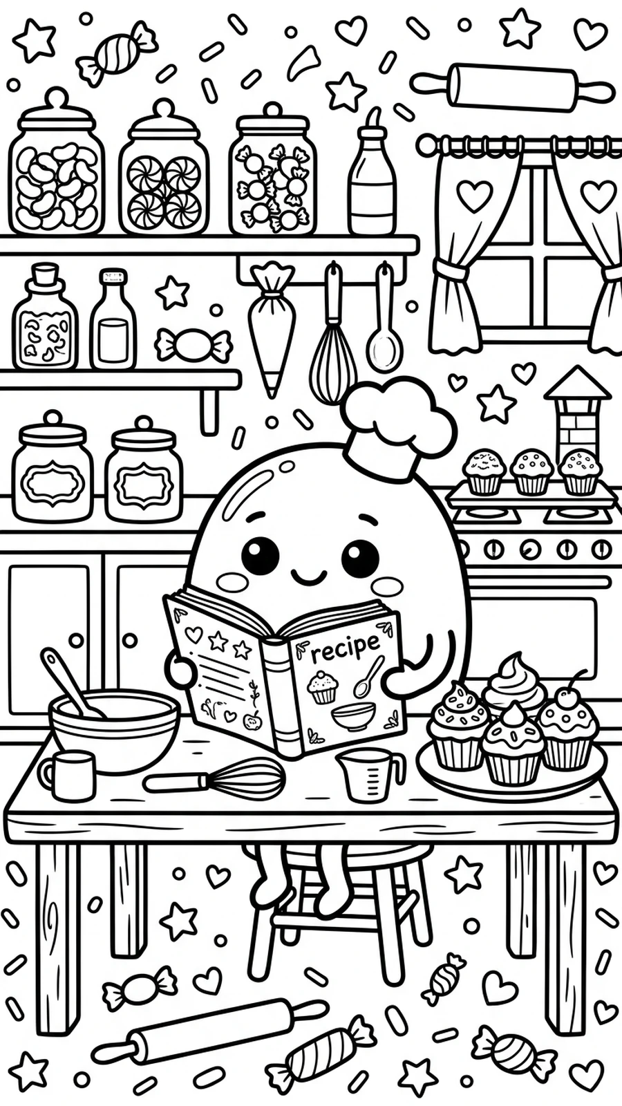 Coloriage bonbon lisant un livre de recettes dans une cuisine de bonbons, cupcakes autour