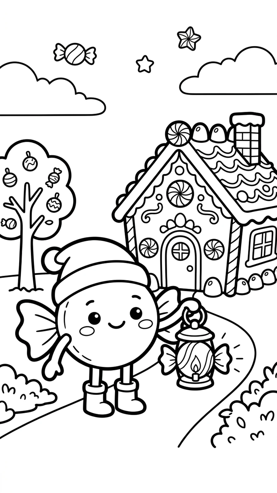 Coloriage bonbon tenant une lanterne en forme de bonbon devant une maison pain d’épices