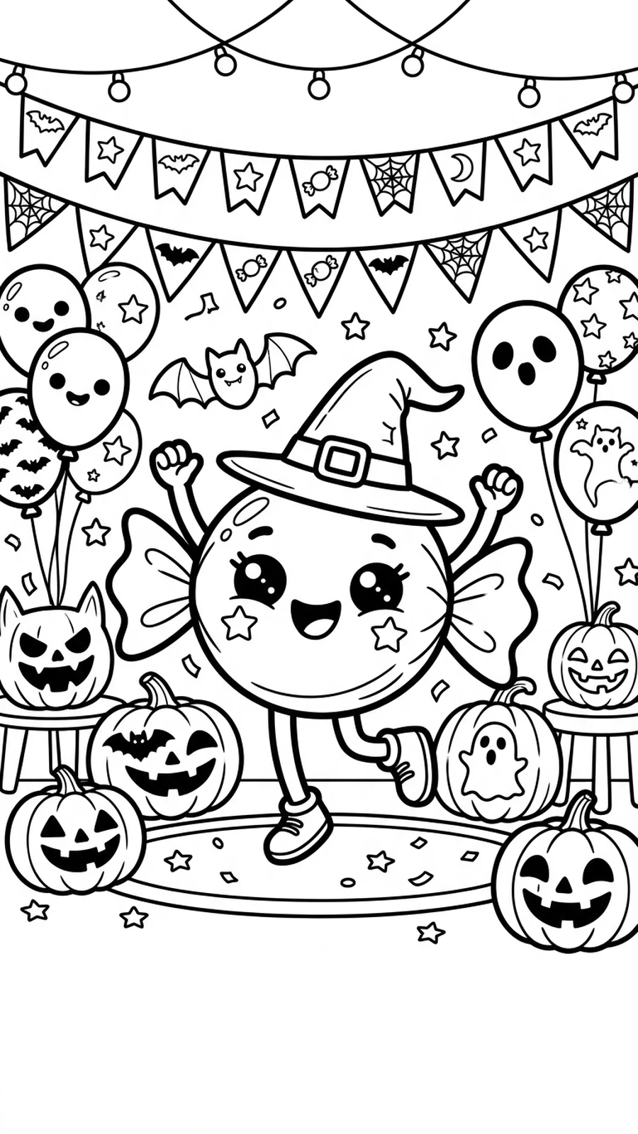 Coloriage bonbon dansant à une fête d’Halloween avec citrouilles et ballons