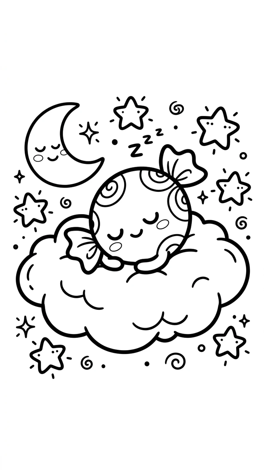 Coloriage bonbon endormi sur un nuage de guimauve sous la lune et les étoiles