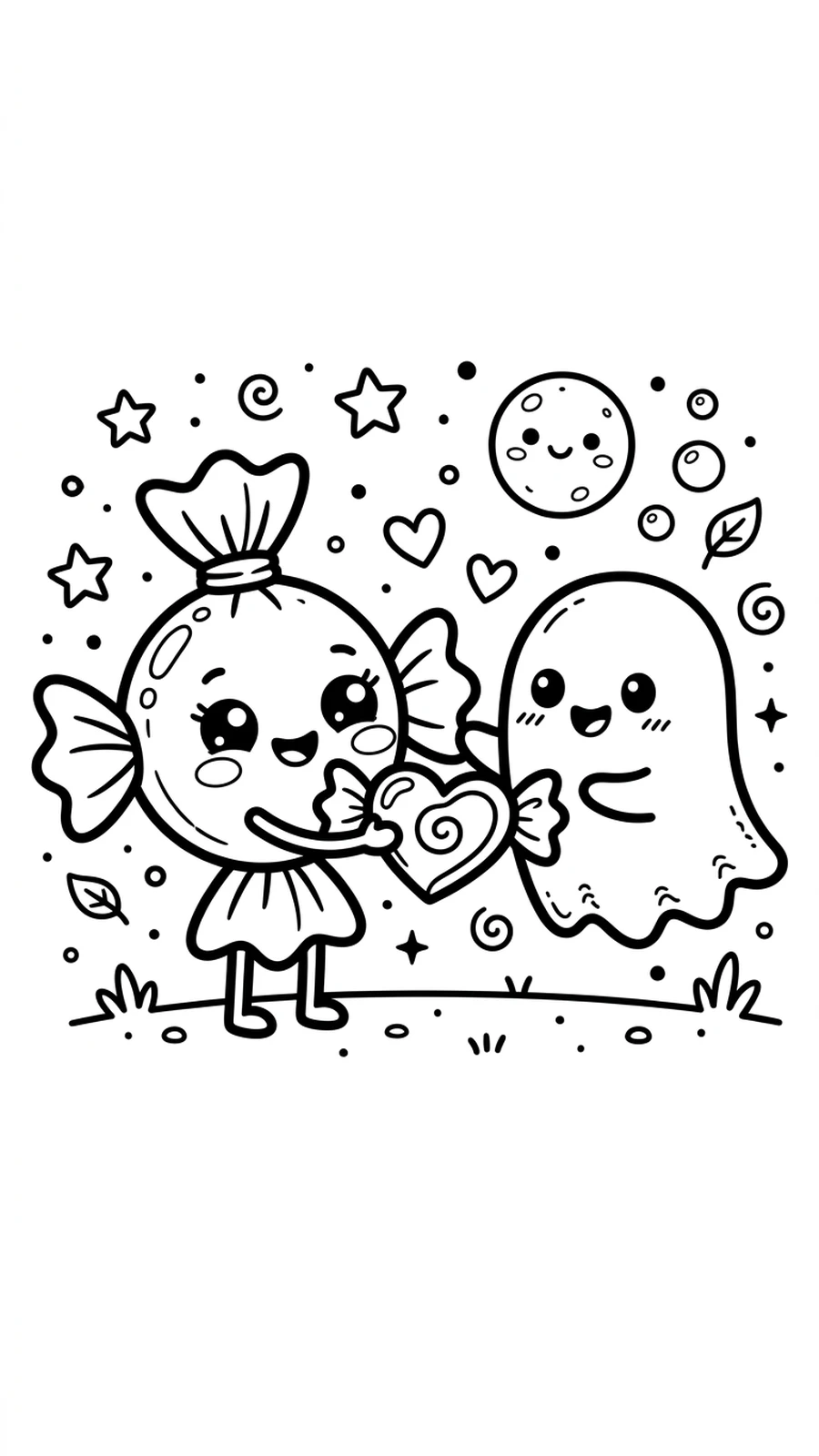 Coloriage bonbon offrant un bonbon en forme de cœur à un petit fantôme ami