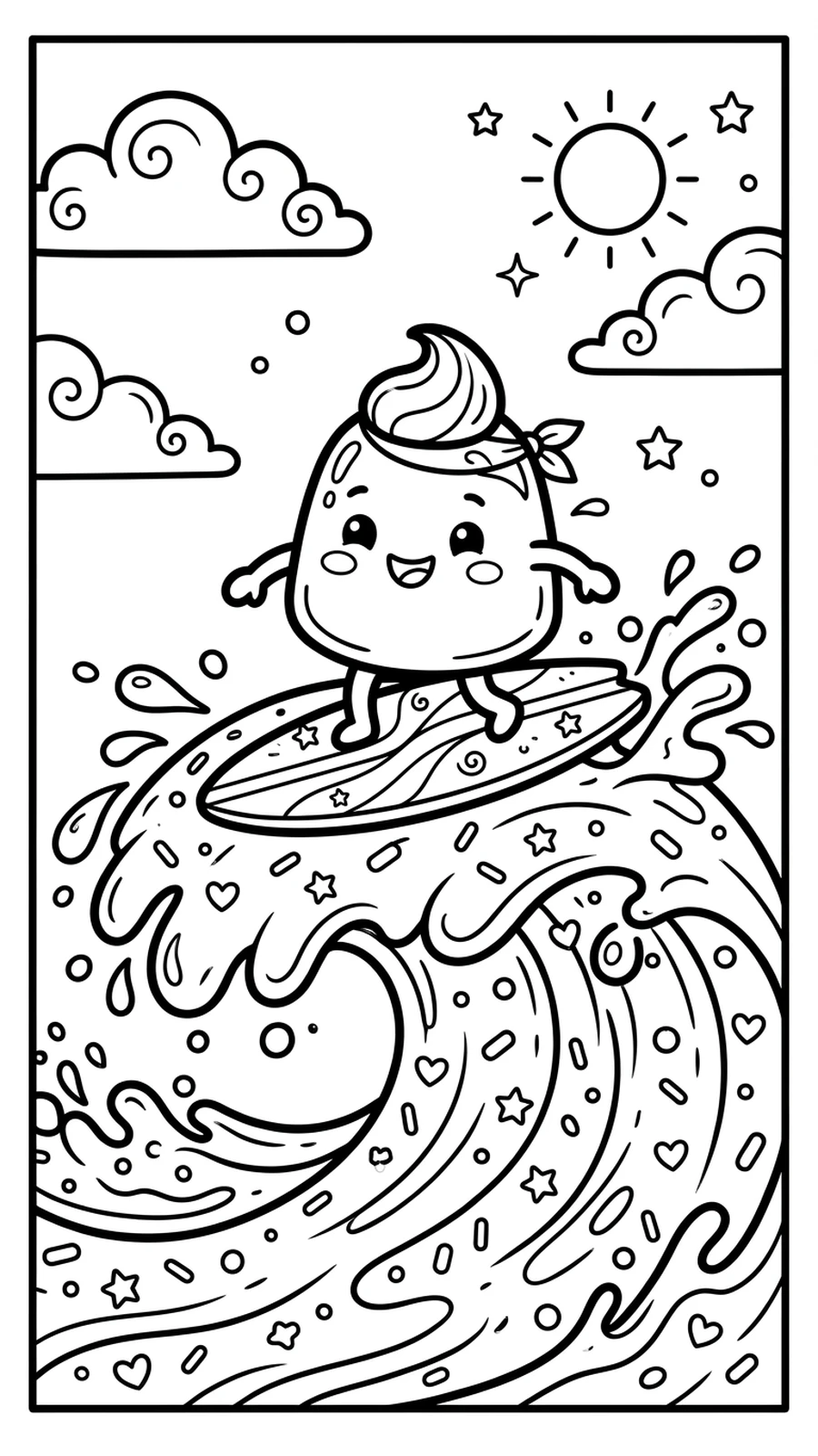 Coloriage bonbon surfant sur une vague de chocolat parsemée de vermicelles sucrés