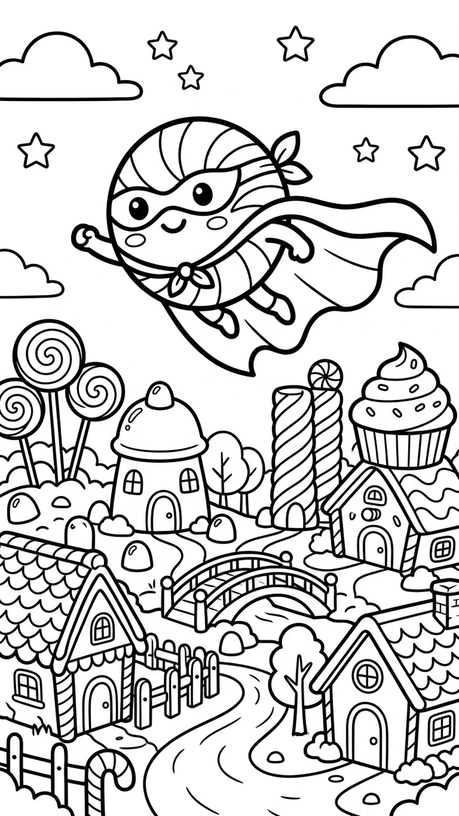 Coloriage bonbon super-héros avec une cape survolant une ville de bonbons