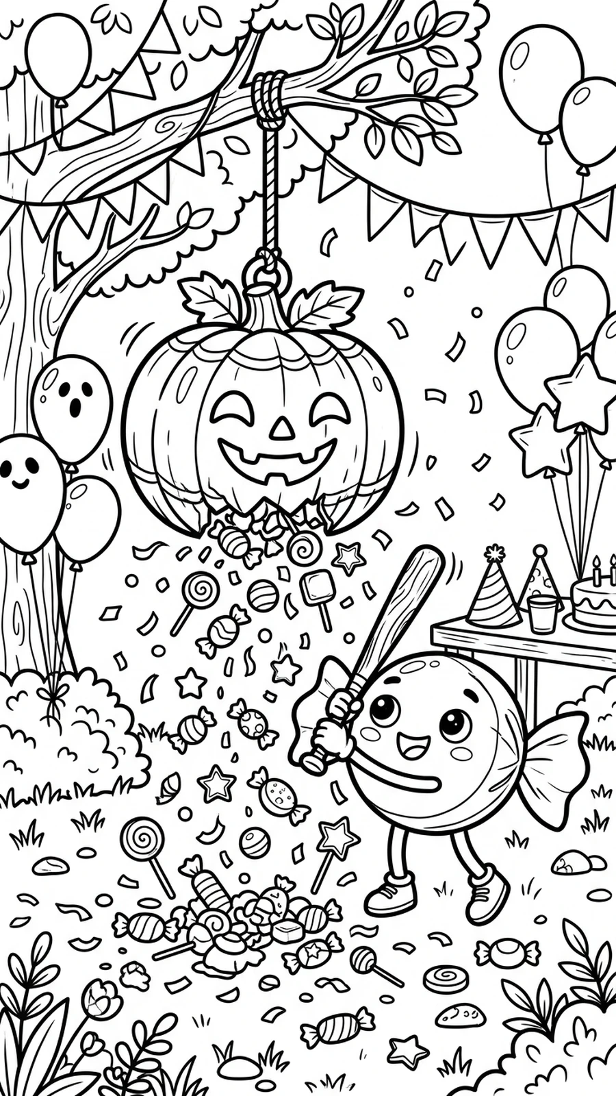 Coloriage bonbon ouvrant une piñata citrouille d’où tombent des bonbons, fête d’Halloween