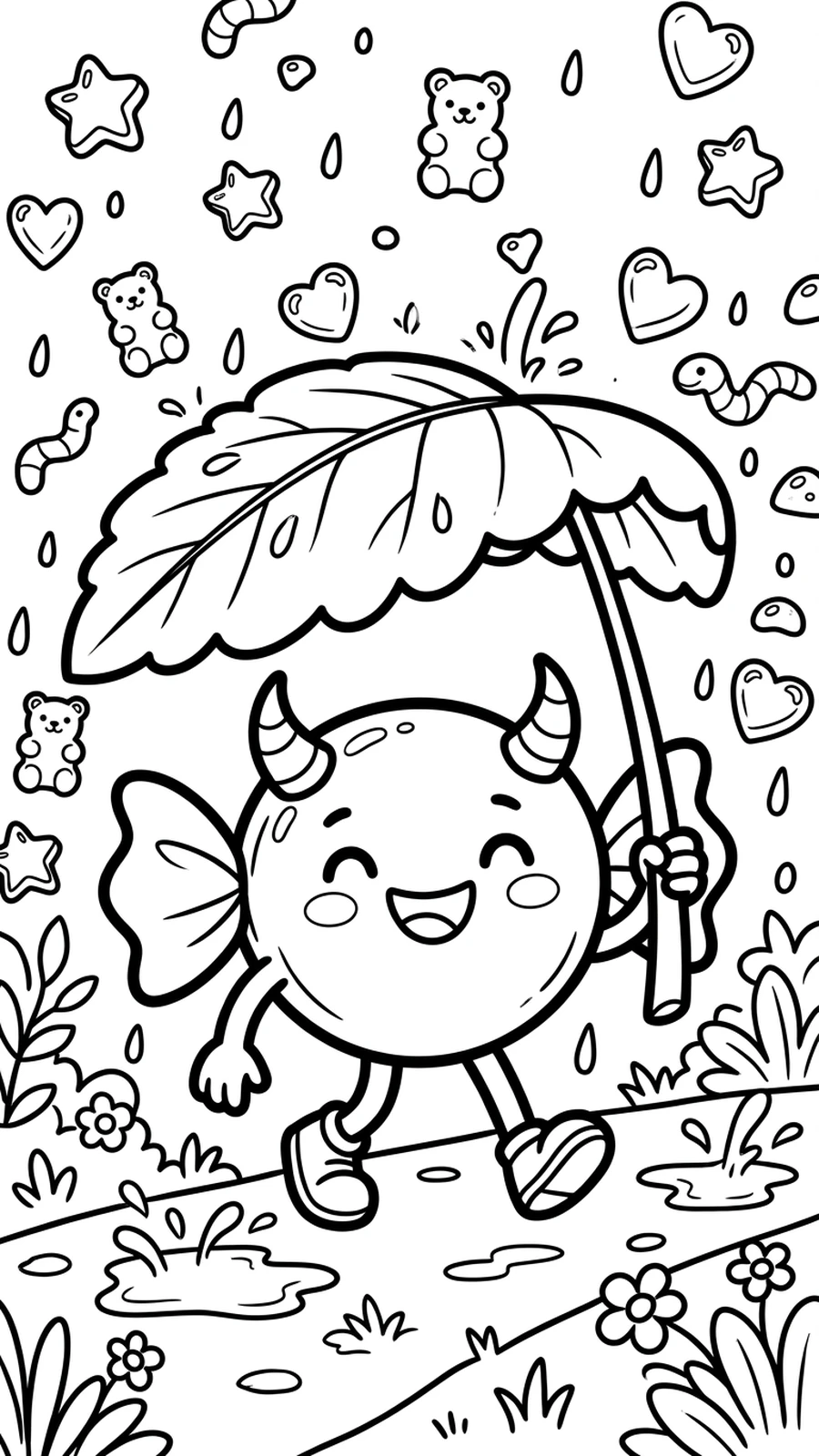Coloriage bonbon sous un parapluie feuille pendant une pluie de gommes, scène drôle