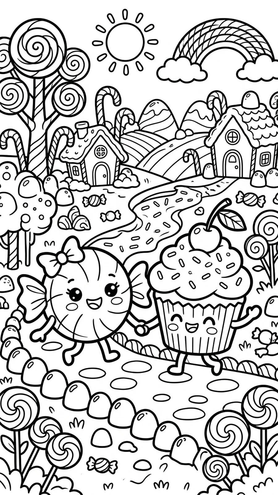 Coloriage bonbon et son amie cupcake se tenant la main au pays des bonbons