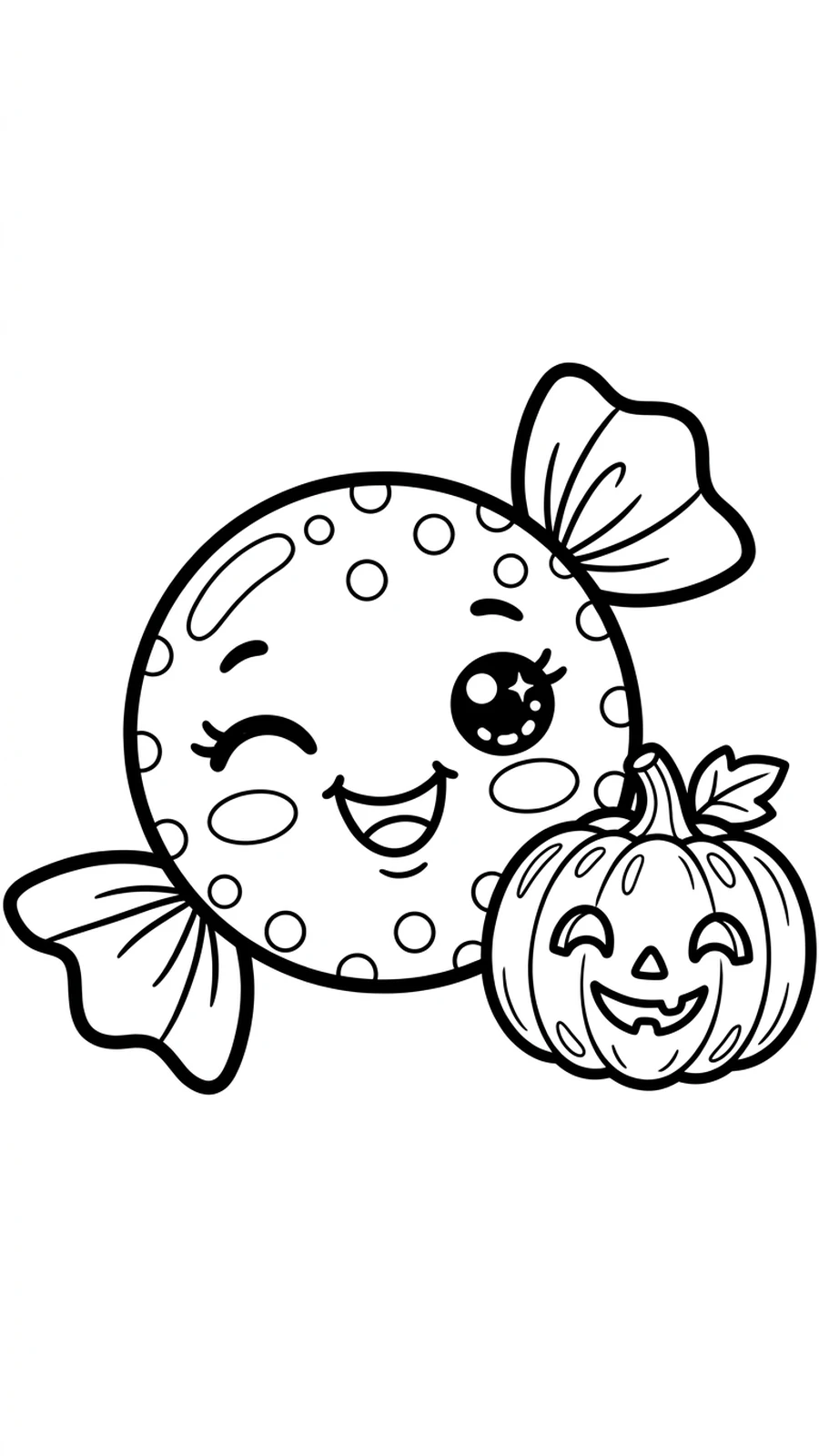 Coloriage gros plan d’un bonbon mignon qui fait un clin d’œil à côté d’une citrouille sculptée