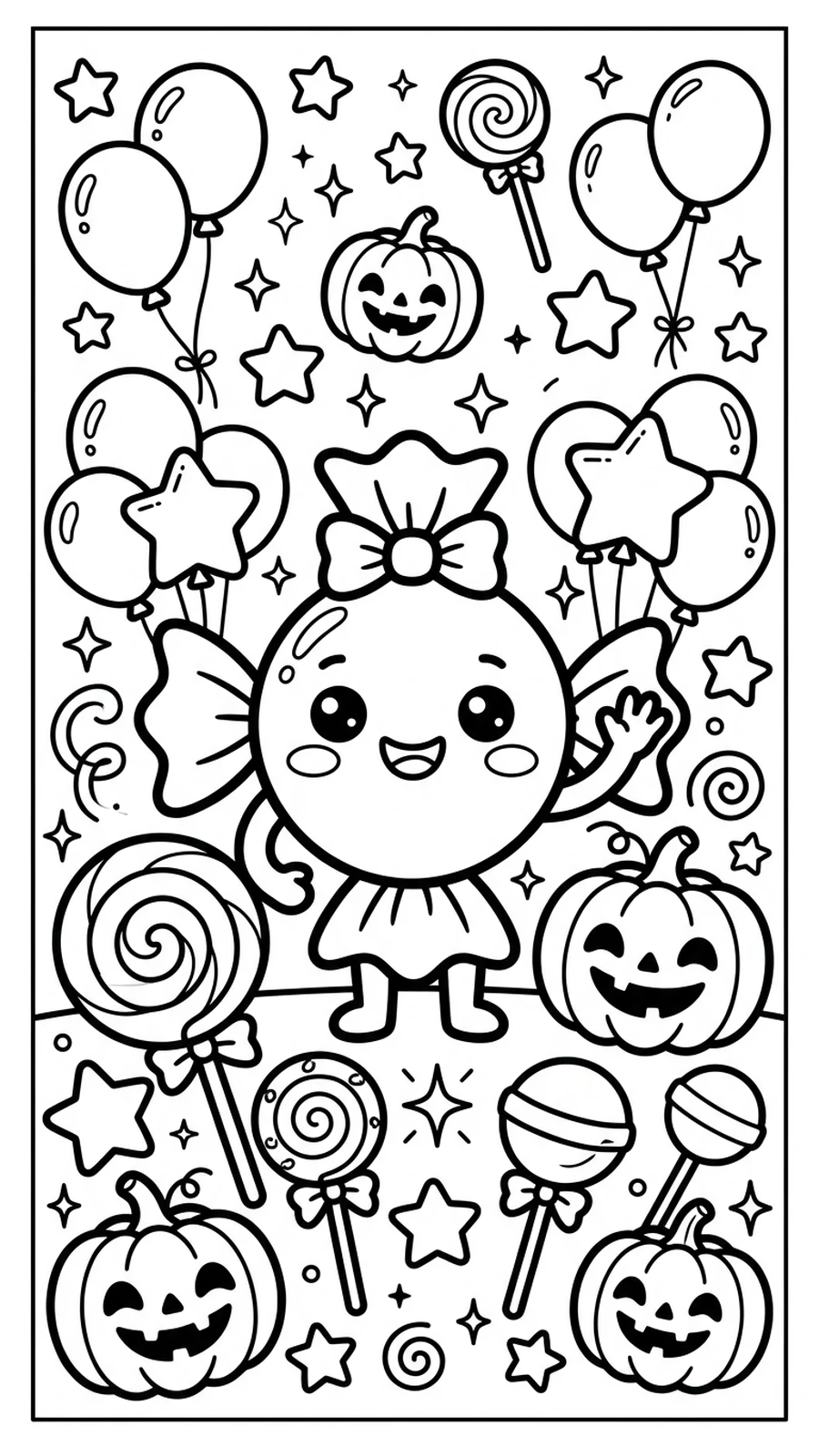 Coloriage bonbon qui salue entouré de sucettes, citrouilles, étoiles et ballons de fête