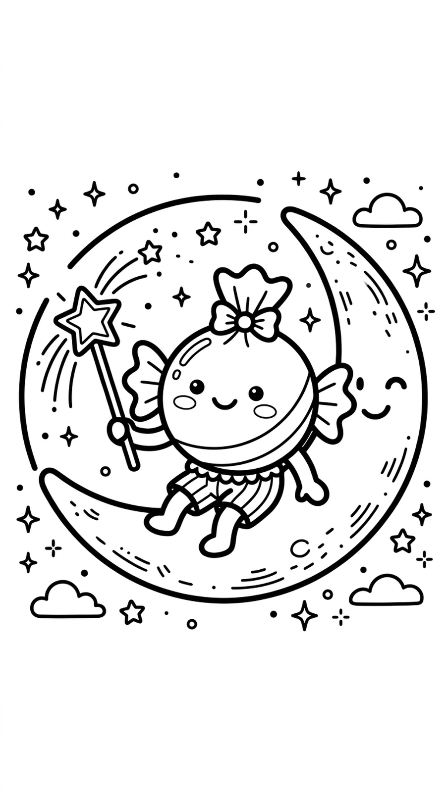 Coloriage bonbon assis sur un croissant de lune avec une baguette étoile, page rêveuse