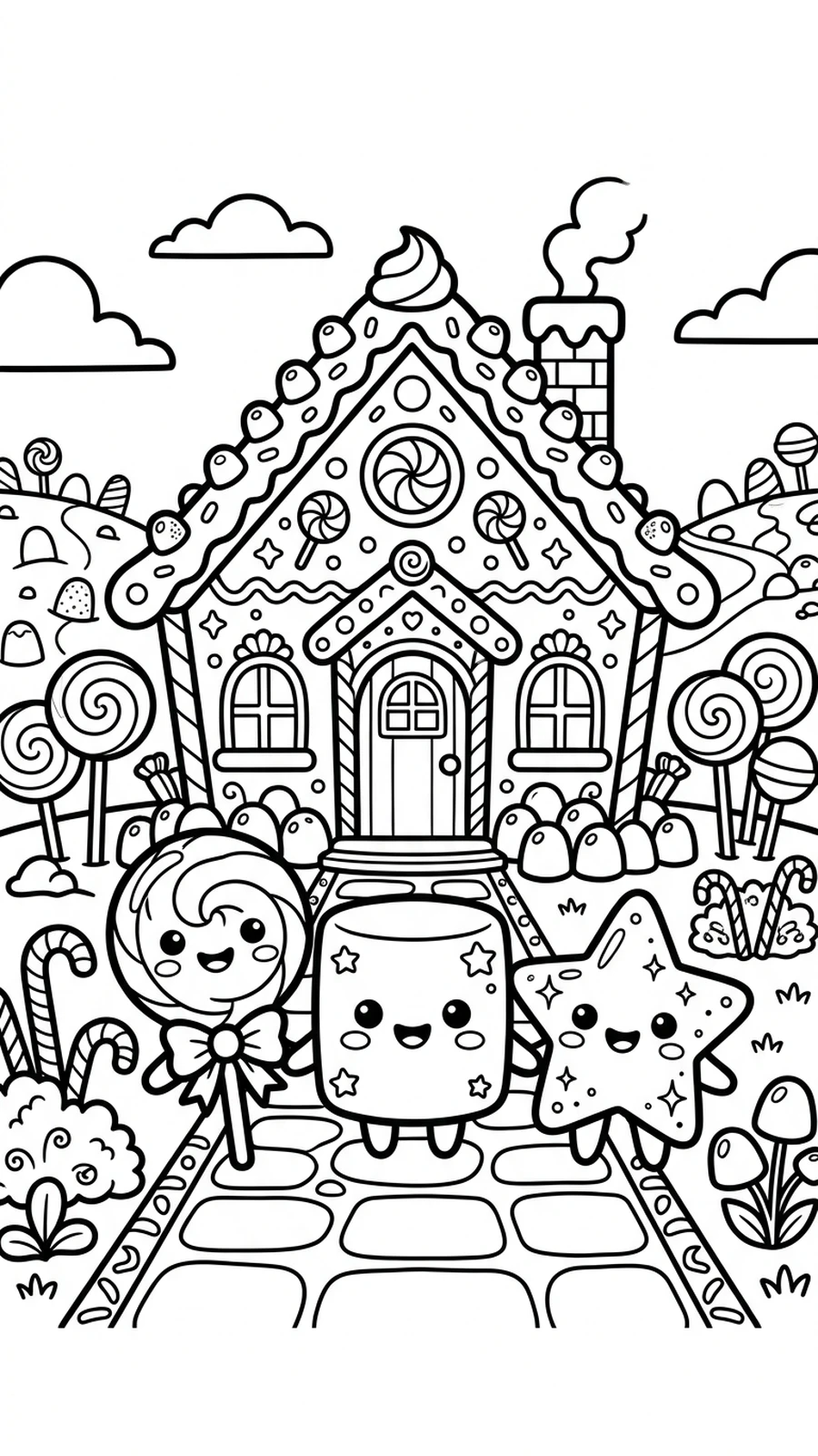Coloriage trois bonbons de formes différentes devant une maison en bonbons, pour enfants