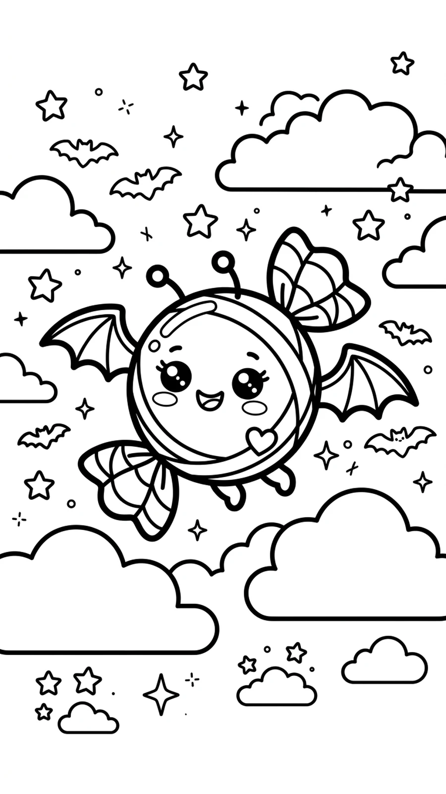 Coloriage bonbon volant avec de petites ailes de chauve-souris parmi les nuages et étoiles