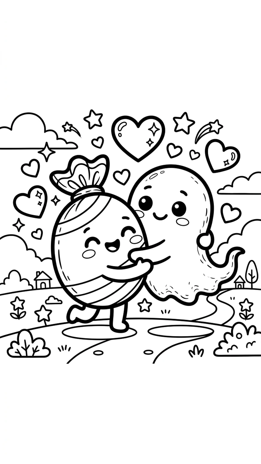 Coloriage bonbon qui fait un câlin à un gentil fantôme, dessin mignon d’Halloween