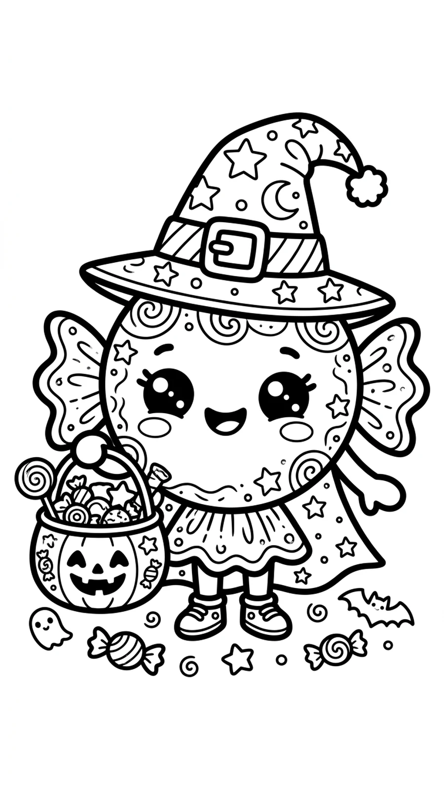 Coloriage bonbon avec un chapeau de sorcière tenant un seau plein de bonbons
