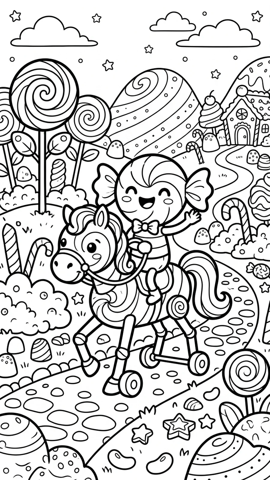 Coloriage bonbon sur un cheval en sucette dans un pays de bonbons aux arbres sucettes