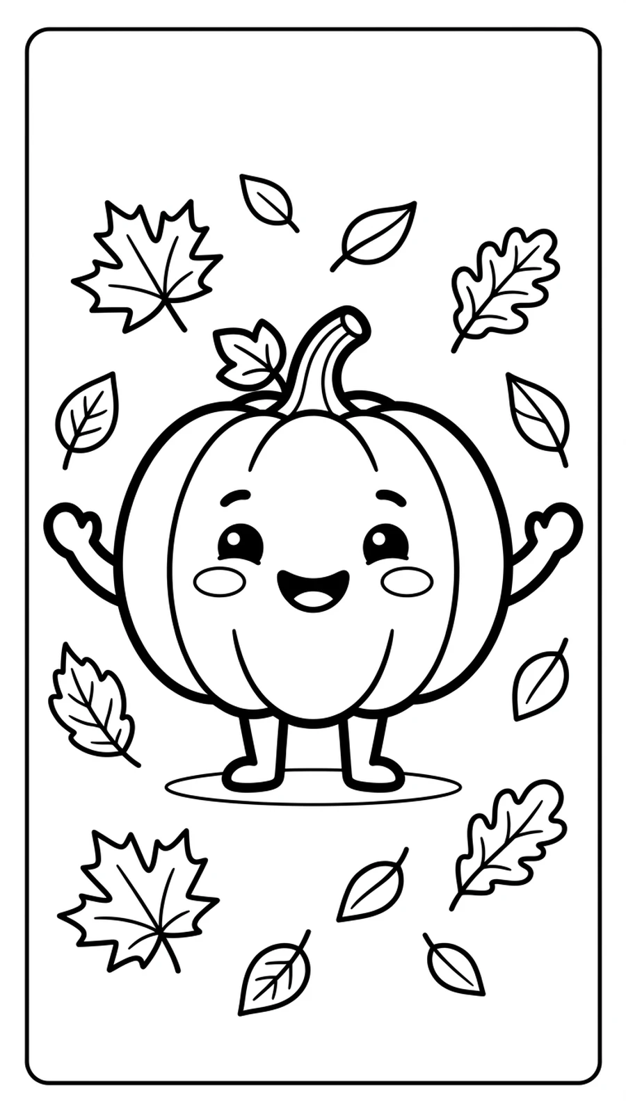Coloriage citrouille kawaii debout souriante entourée de feuilles d'automne, personnage mignon à imprimer