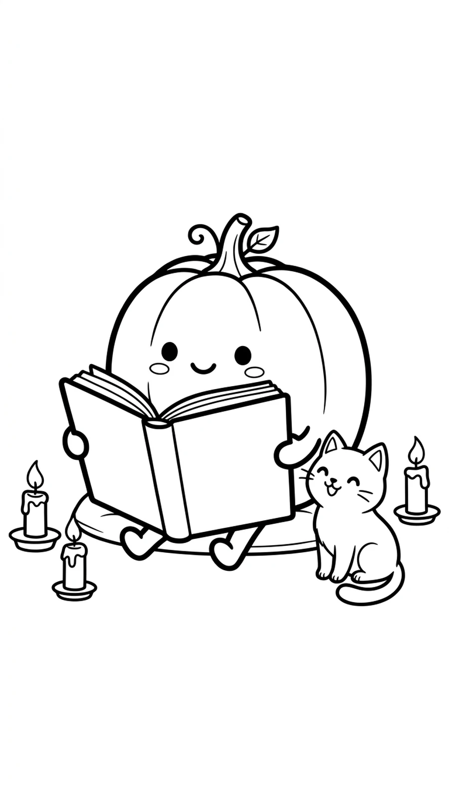 Coloriage citrouille kawaii qui lit un grand livre avec un petit chat noir, bougies autour