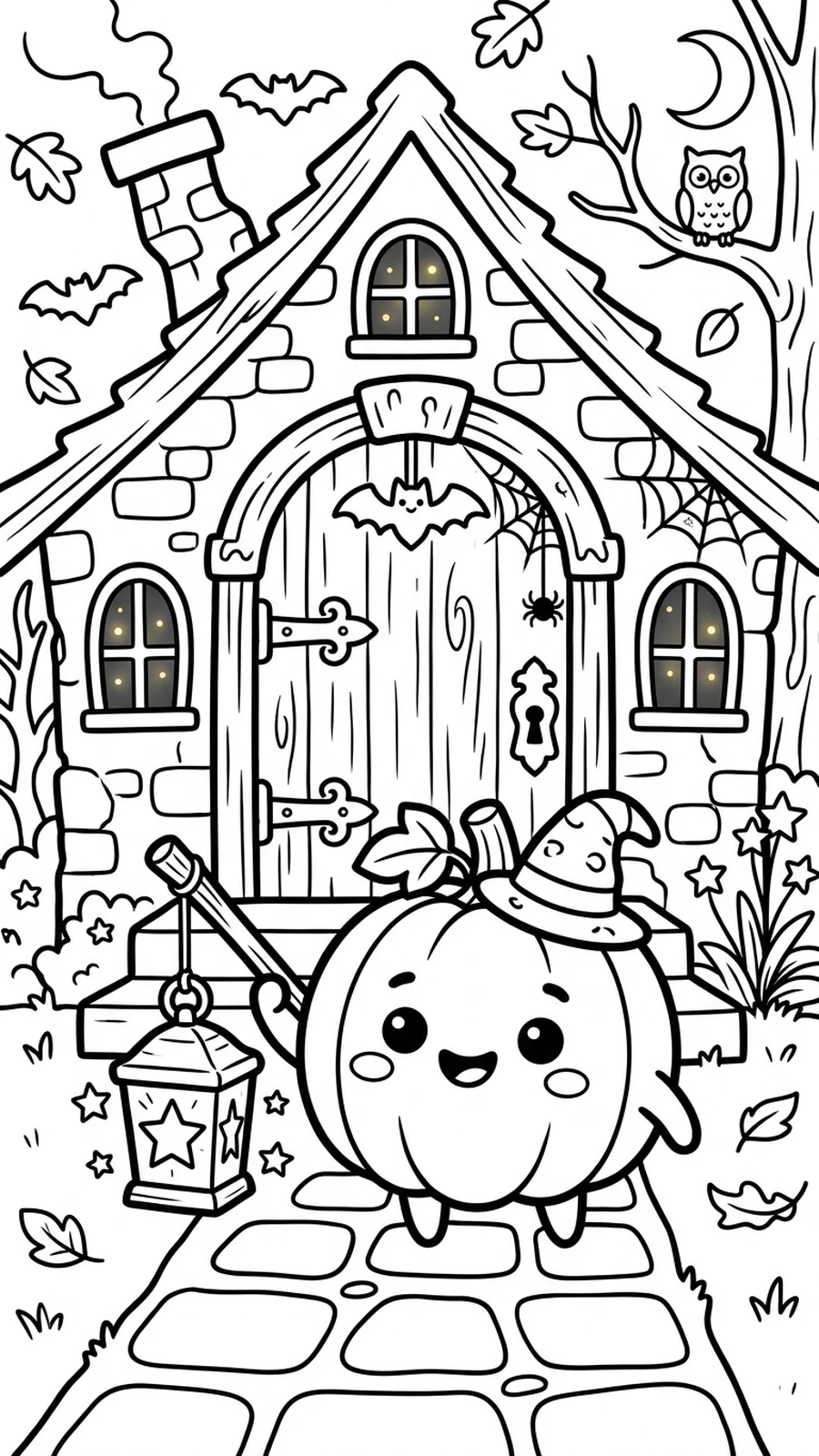 Coloriage citrouille kawaii tenant une lanterne étoile devant une maison hantée, chouette sur la branche