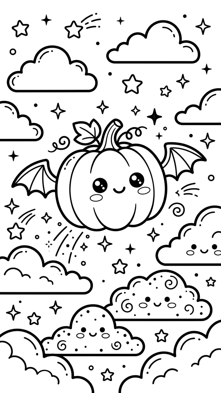Coloriage citrouille kawaii avec des ailes de chauve-souris volant parmi les nuages et les étoiles