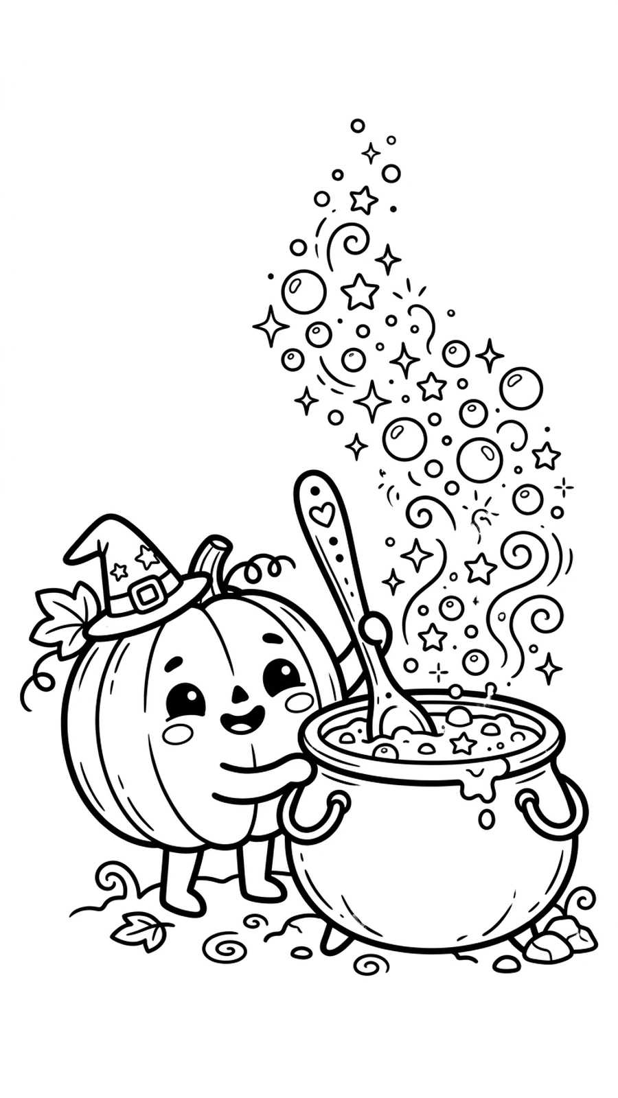 Coloriage citrouille kawaii avec un chapeau de sorcière remuant un grand chaudron magique, bulles et étoiles