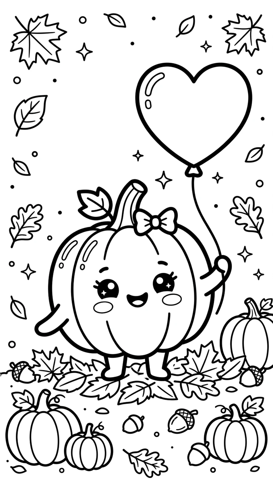 Coloriage citrouille kawaii tenant un ballon en forme de cœur parmi les feuilles d'automne et les citrouilles