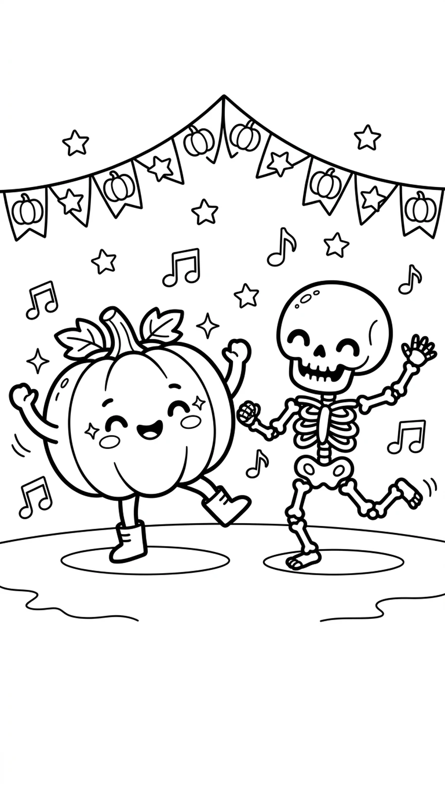 Coloriage citrouille kawaii dansant avec un squelette sous une guirlande de fête, notes de musique