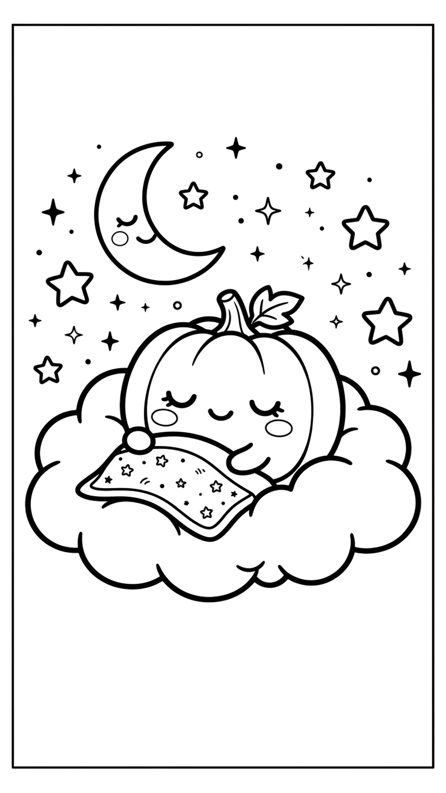 Coloriage citrouille kawaii endormie sur un nuage sous un croissant de lune et les étoiles
