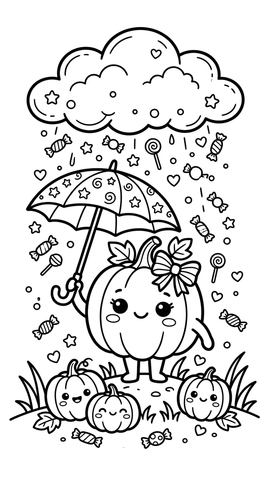Coloriage citrouille kawaii sous un parapluie pendant une pluie de bonbons, petites citrouilles en dessous
