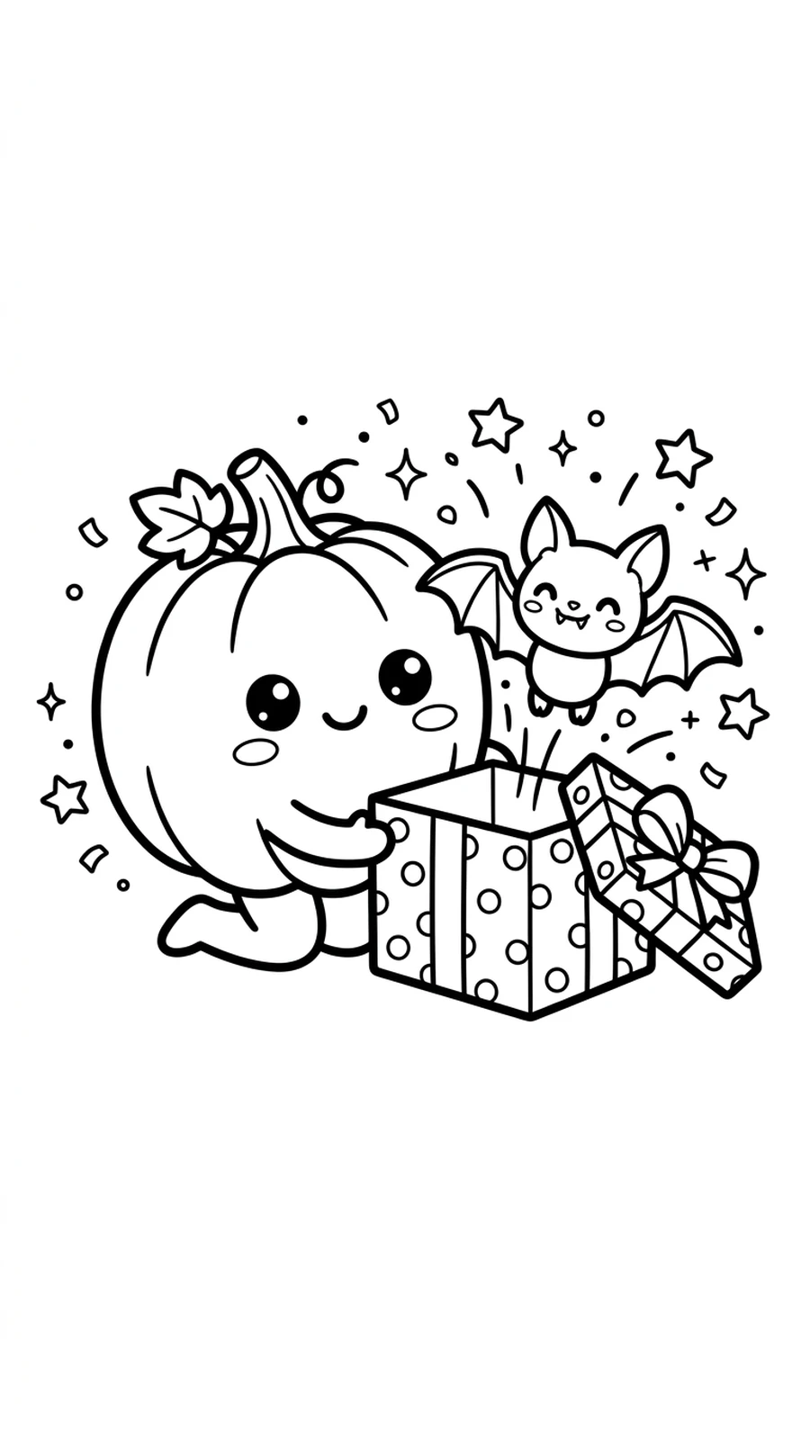 Coloriage citrouille kawaii ouvrant un cadeau d'où sort une petite chauve-souris, étoiles confettis