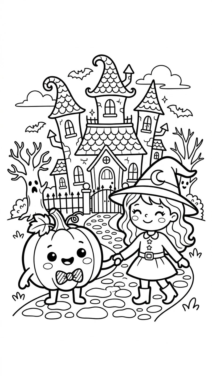 Coloriage citrouille kawaii et petite sorcière se tenant la main devant une maison hantée, scène d'amitié