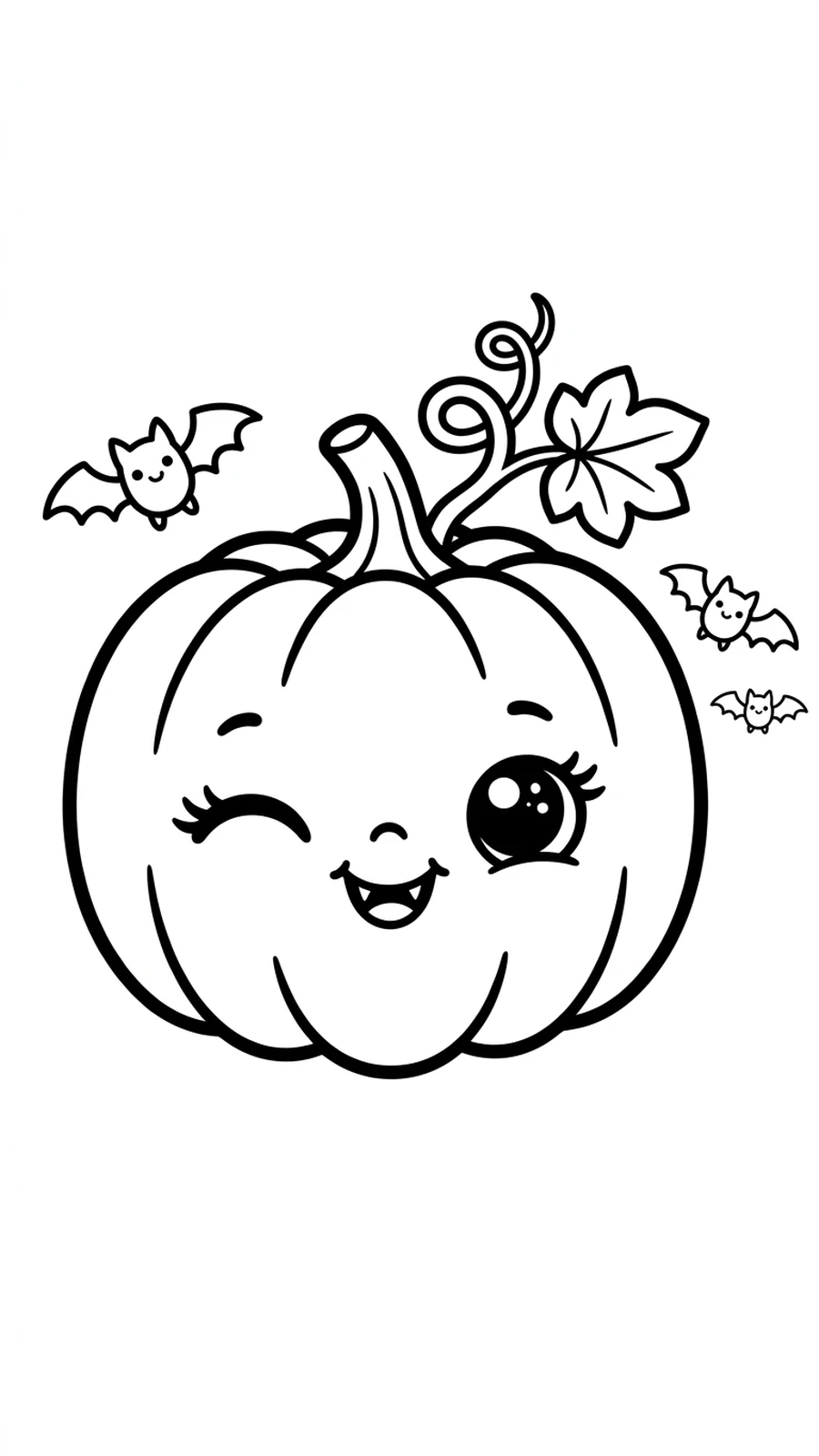 Coloriage gros plan d'un visage de citrouille kawaii qui fait un clin d'œil, petites chauves-souris à côté
