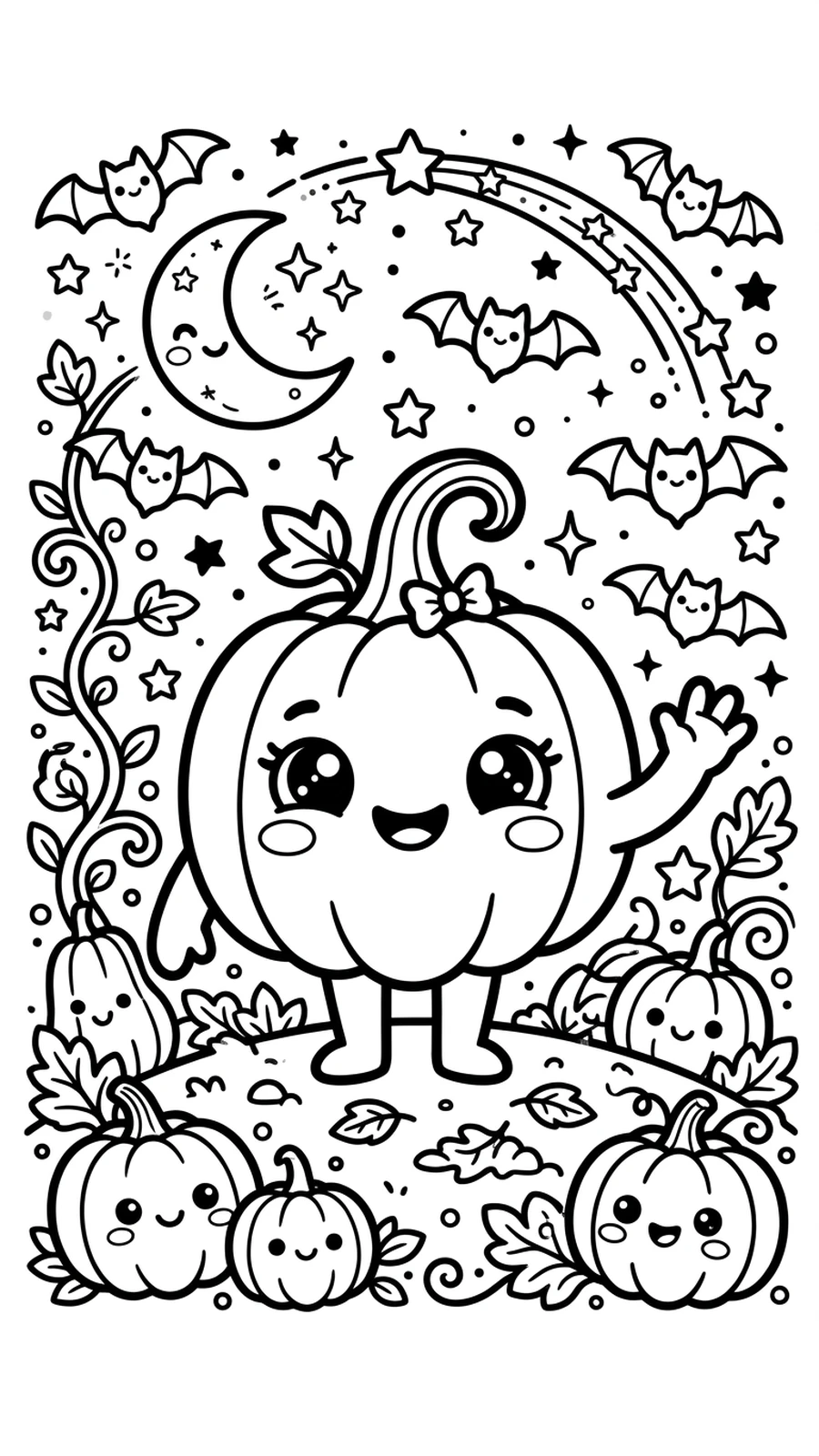 Coloriage citrouille kawaii qui fait signe de la main entourée de citrouilles, chauves-souris et lune, fête d'Halloween