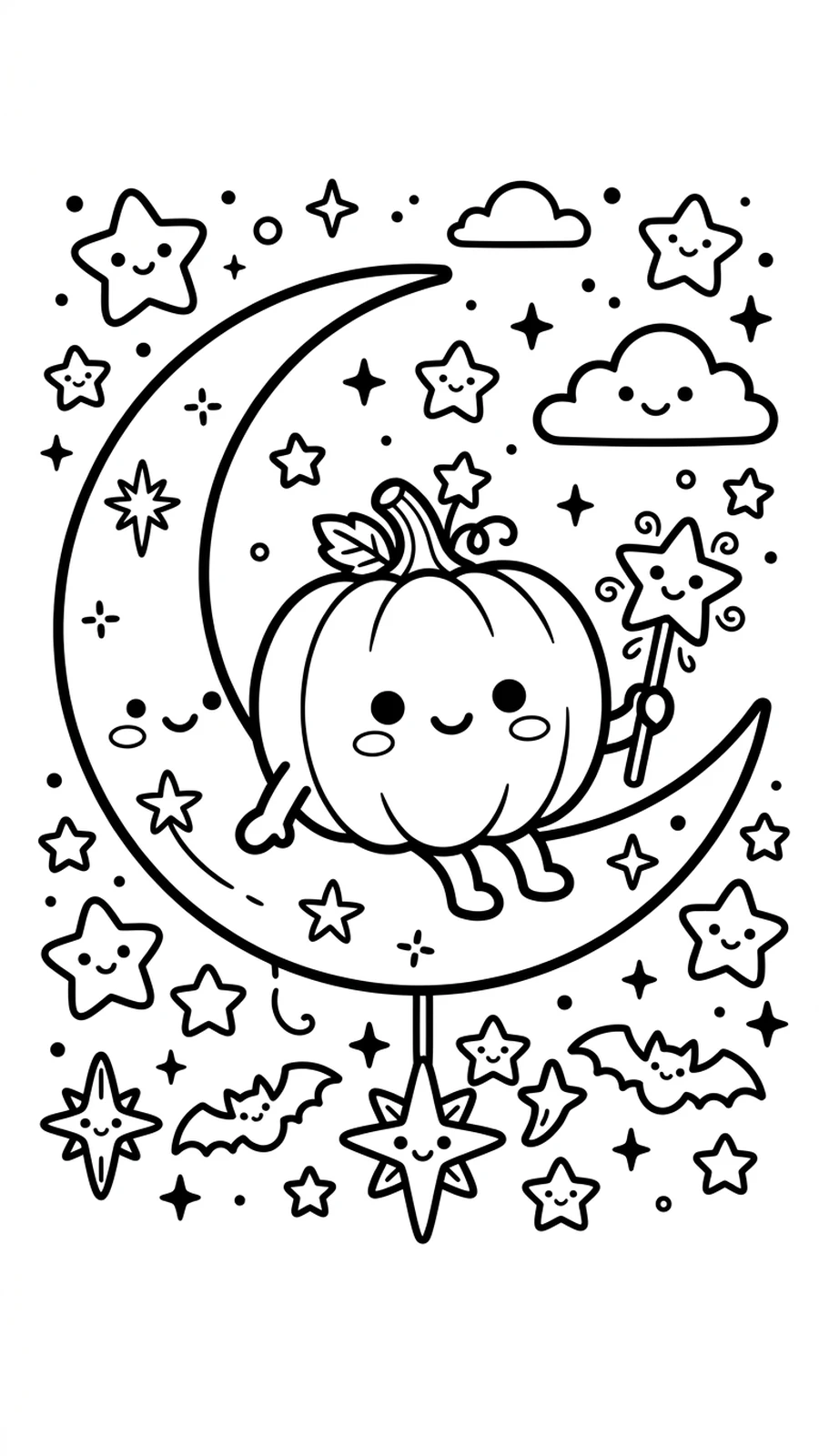 Coloriage citrouille kawaii assise sur un croissant de lune avec une baguette étoile, nuit d'Halloween