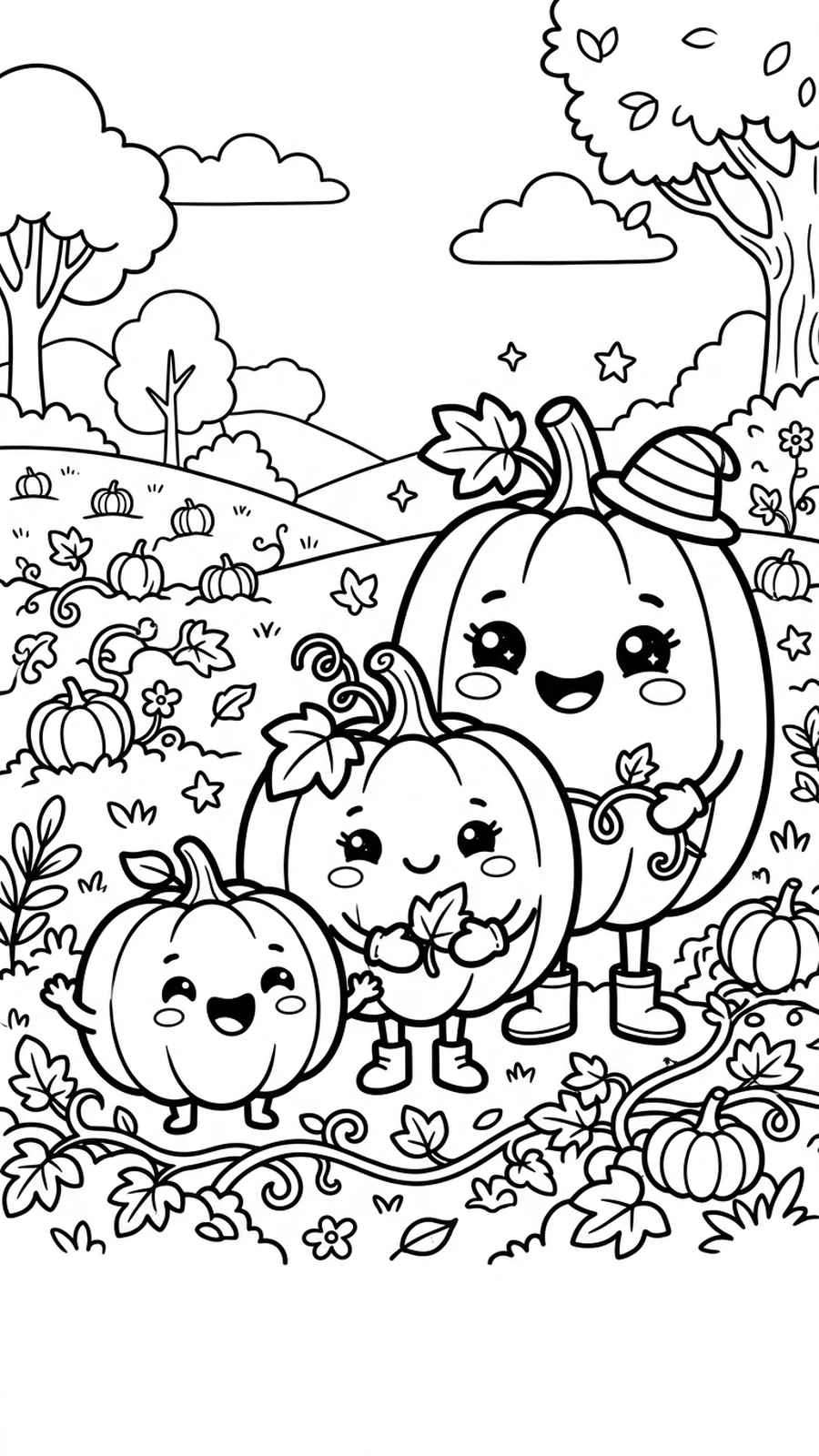 Coloriage trois citrouilles kawaii de tailles différentes dans un champ de citrouilles, scène de groupe